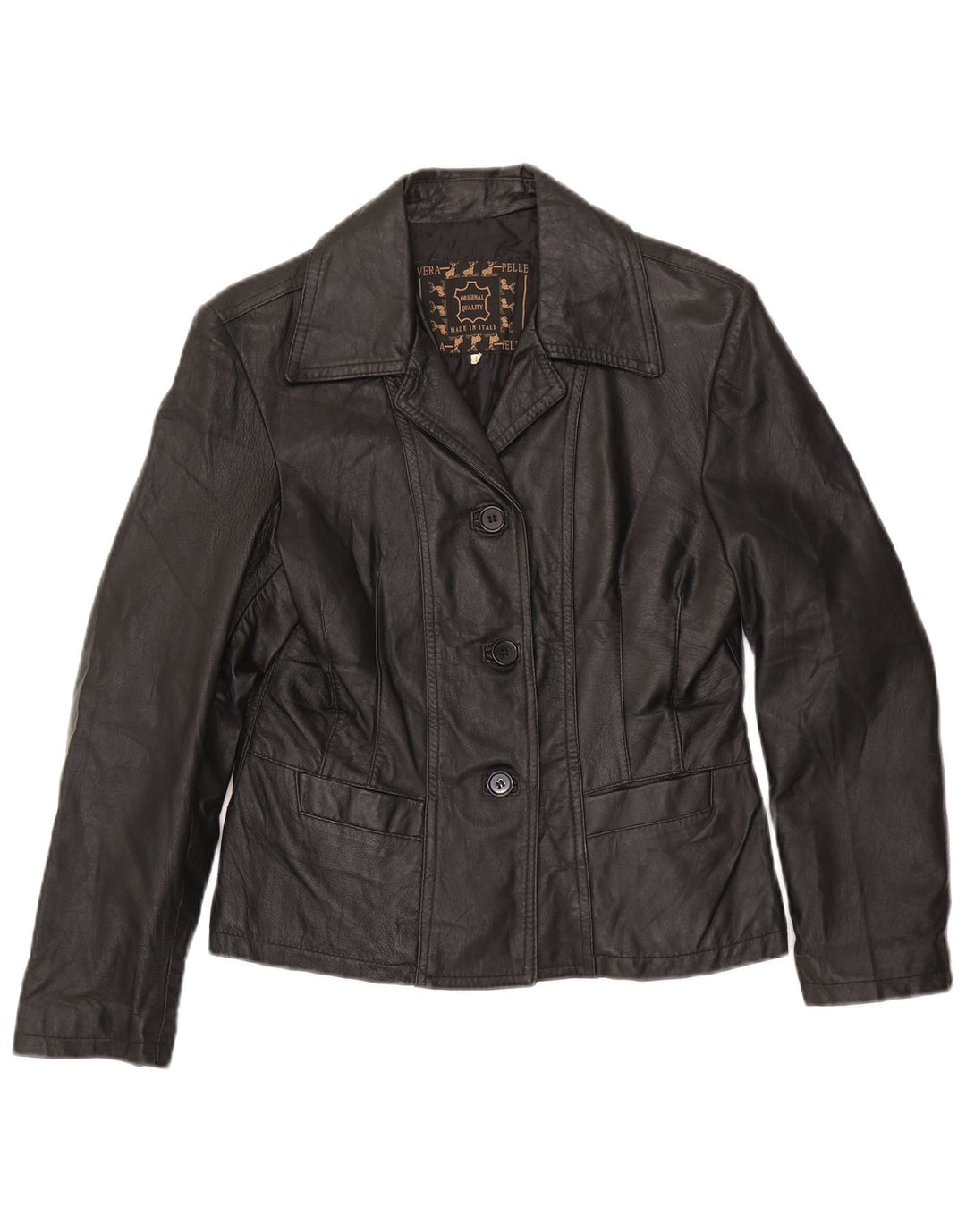 vintage Femme 3 Boutons Veste Blazer En Cuir UK 14 Grand Noir
