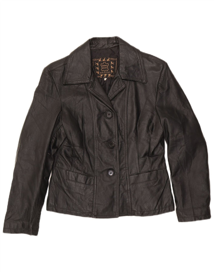 vintage Femme 3 Boutons Veste Blazer En Cuir UK 14 Grand Noir