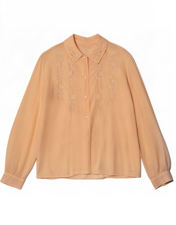 vintage Femmes Voir à travers la chemise Blouse UK 12 Soie florale beige moyen