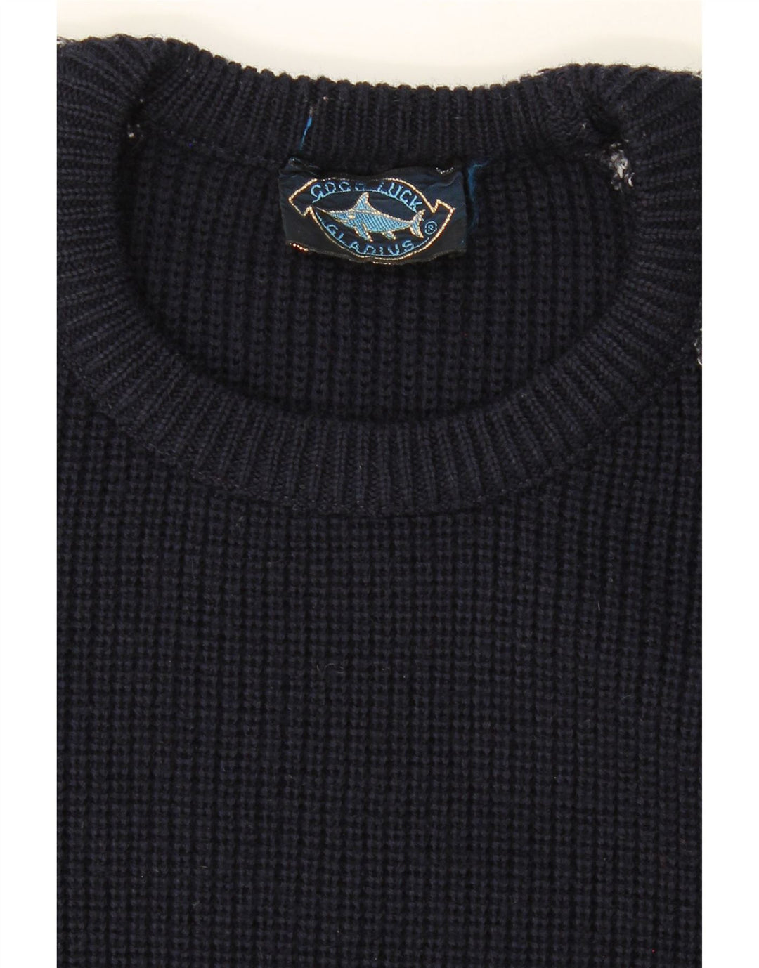 GOOD LUCK Mens Crew Neck Jumper Sweater IT 48 Medium Navy Blue Colourblock Vintage Good Luck and Second-Hand Good Luck from Messina Hembry 