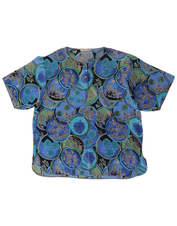 vintage Womens Blouse Top UK 16 Grande Soie Florale Bleue