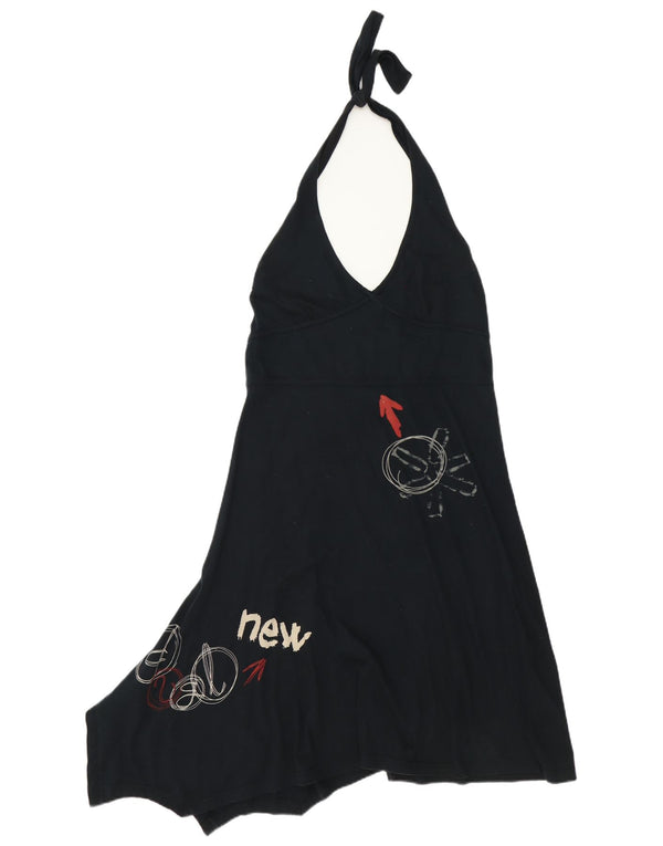 Desigual Womens Graphic Asymmetric Halter Dress UK 18 XL Black Cotton