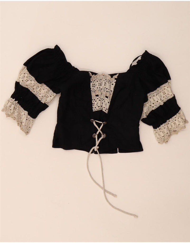 LANDHAUS Femmes Trachten Crop Corset Top UK 8 Petit Lin Floral Noir