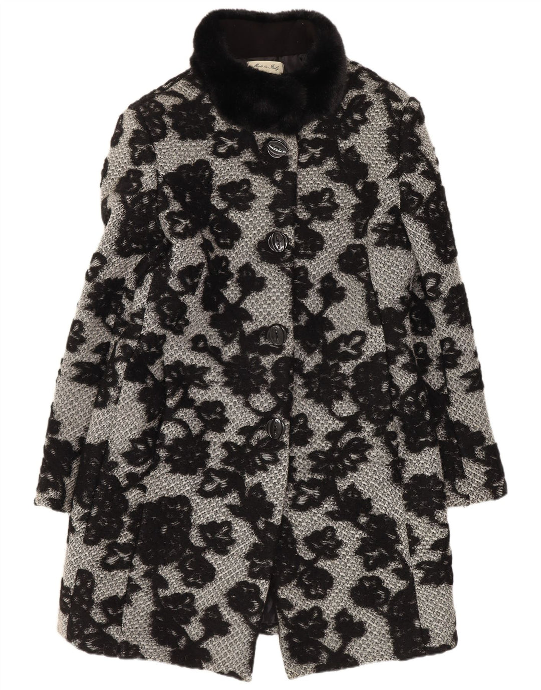 vintage Femmes Pardessus UK 12 Moyen Noir Floral Classique