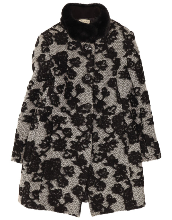vintage Femmes Pardessus UK 12 Moyen Noir Floral Classique
