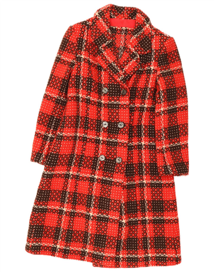vintage Femmes Double Breasted Coat UK 8 Petit Chèque Rouge