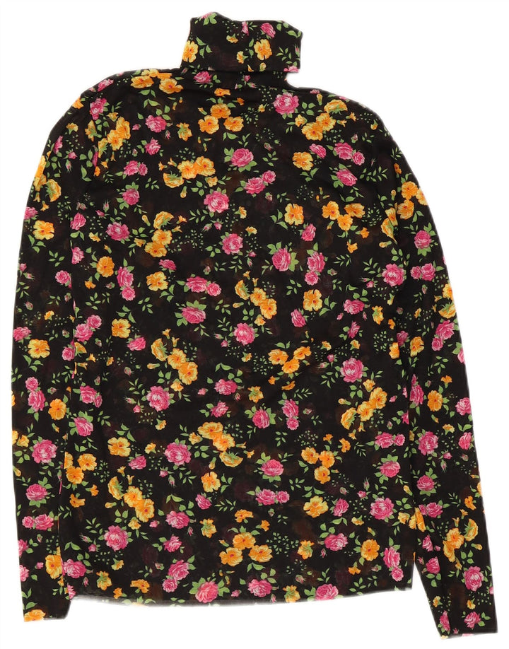vintage Femmes Manches Longues Blouse Top UK 10 Petit Noir Floral