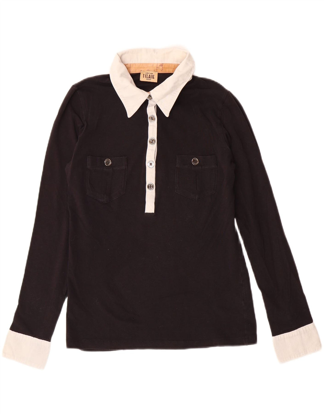 ALVIERO MARTINI Womens Graphic Rugby Polo Shirt UK 14 Medium Black Vintage ALVIERO MARTINI and Second-Hand ALVIERO MARTINI from Messina Hembry 