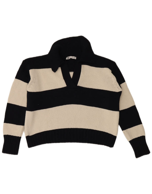 Zara Womens Oversized Polo Neck Jumper Sweater UK 10 Small Black Striped