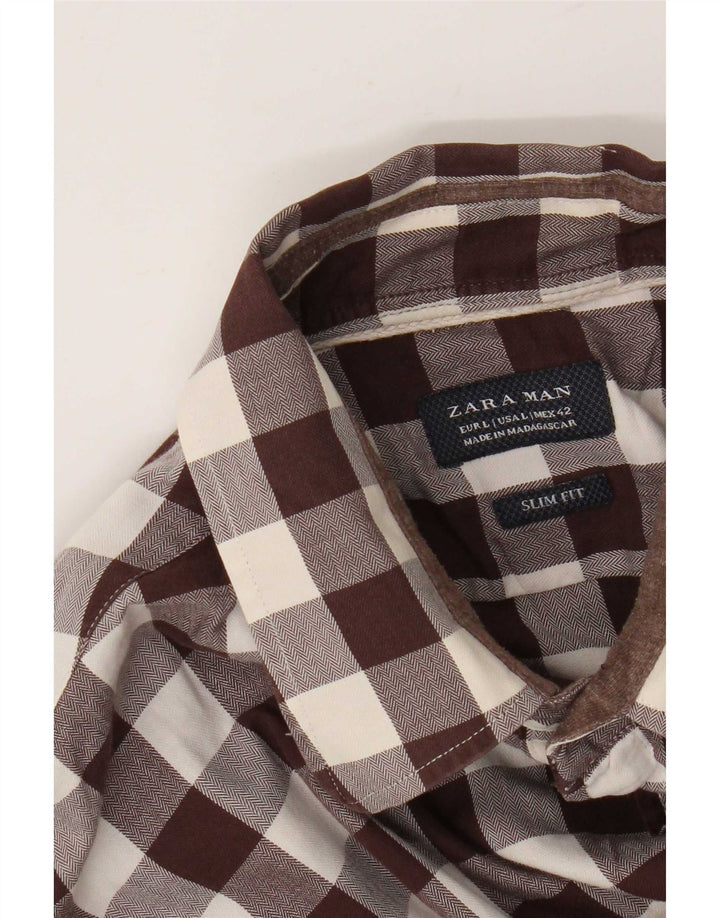 Zara Chemise Slim Fit Homme Grand Vichy Marron