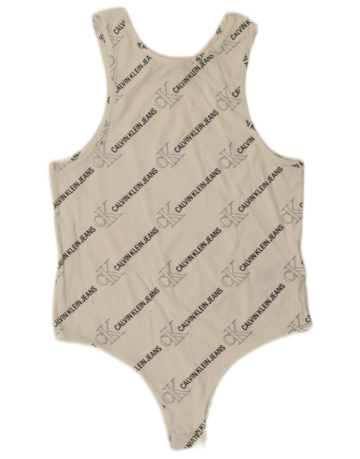 CALVIN KLEIN JEANS Body graphique sans manches pour femme UK 14 Large Blanc