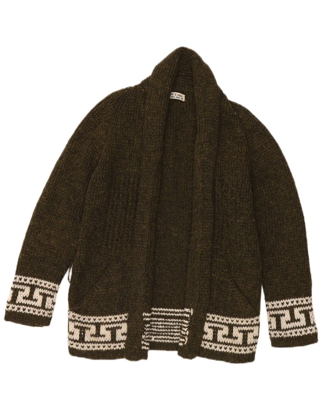 vintage Womens Open Cardigan Sweater UK 14 Laine géométrique kaki moyen