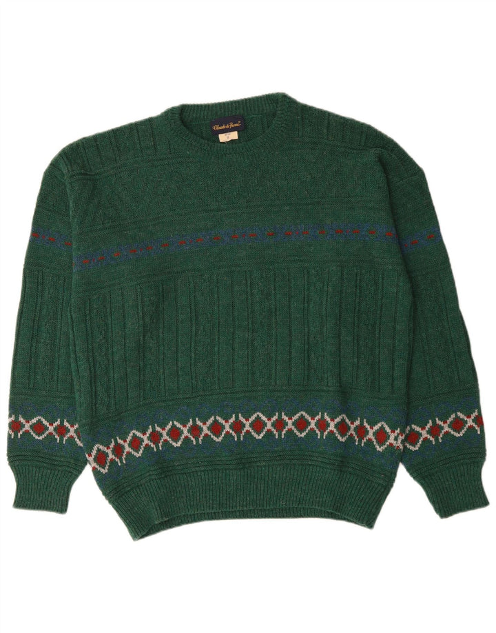 vintage Mens Crew Neck Jumper Pull Moyen Vert Fair Isle Laine