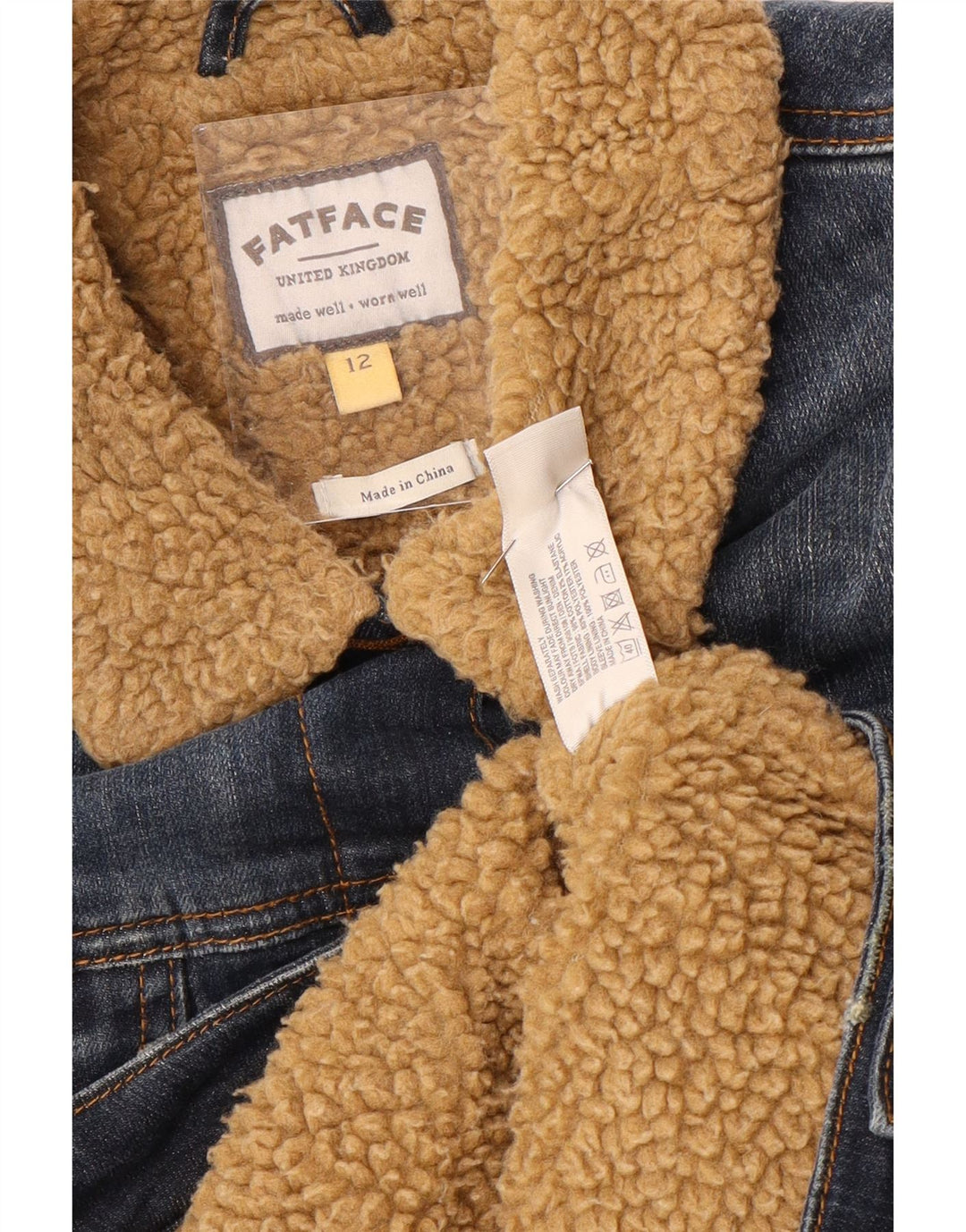 FAT FACE Veste en jean Sherpa pour femme UK 12 Bleu moyen Coton