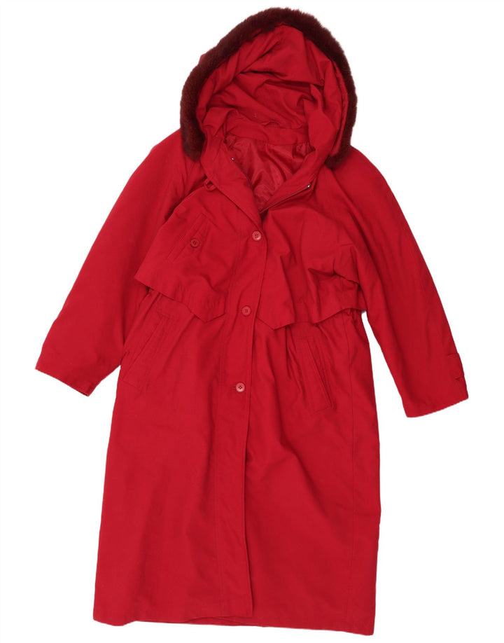 vintage Femme Trench à capuche Coat UK 14 Grand Polyester Rouge