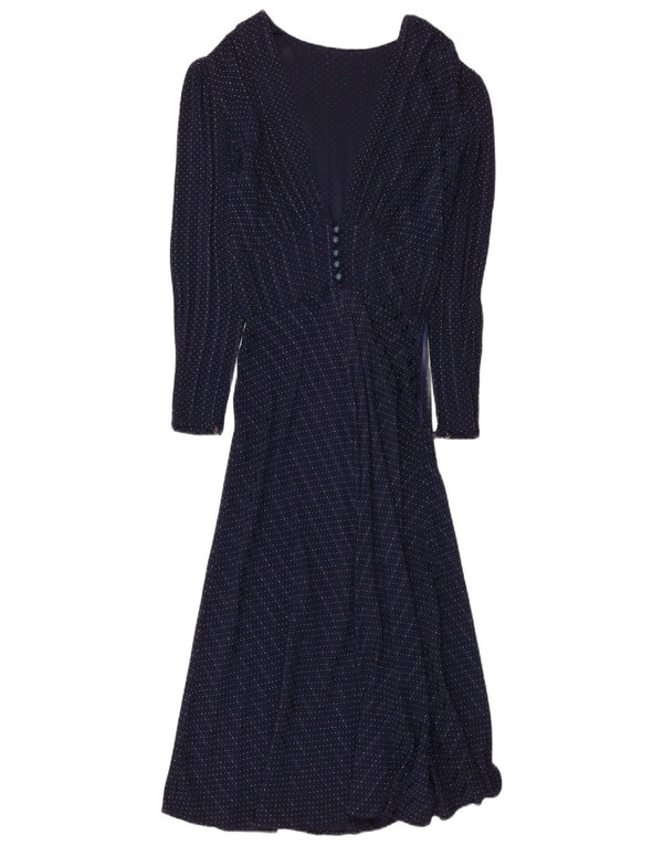 vintage Femme Manches Longues Maxi Robe UK 8 Petit Bleu Marine Repéré