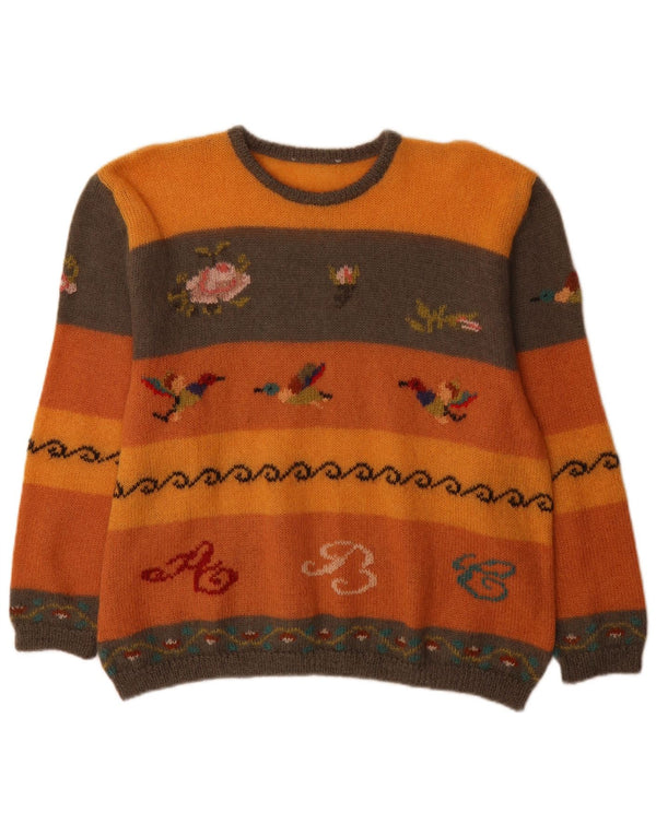 vintage Womens Crew Neck Jumper Sweater UK 18 XL Orange Colourblock Nouveauté