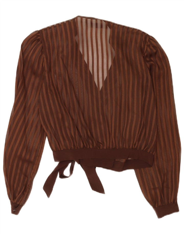 vintage Womens Crop Wrap Shirt Blouse UK 14 Moyen Brun Rayé