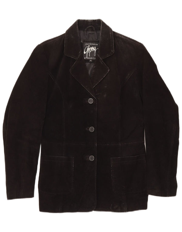 GYPSY Veste blazer en daim à 3 boutons pour femme UK 14 Cuir noir moyen