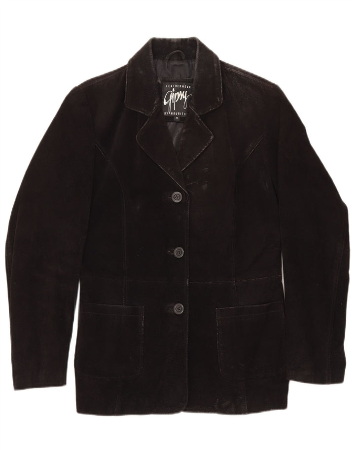 GYPSY Veste blazer en daim à 3 boutons pour femme UK 14 Cuir noir moyen