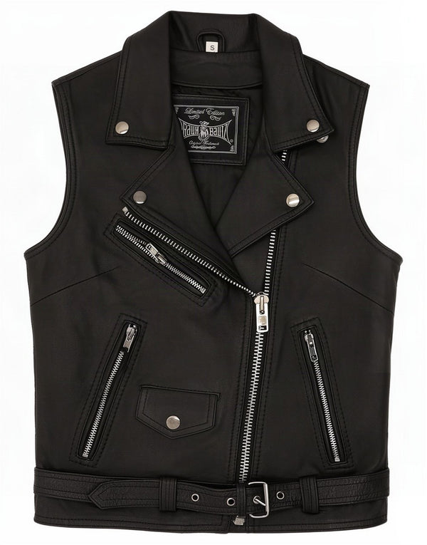 Vintage Womens Biker Gilet en cuir UK 8 Small Noir