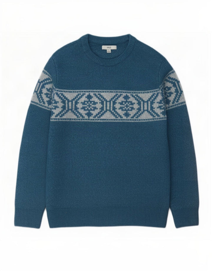 Marks & Spencer Pull Col Bateau Homme Bleu Moyen Fair Isle Acrylique
