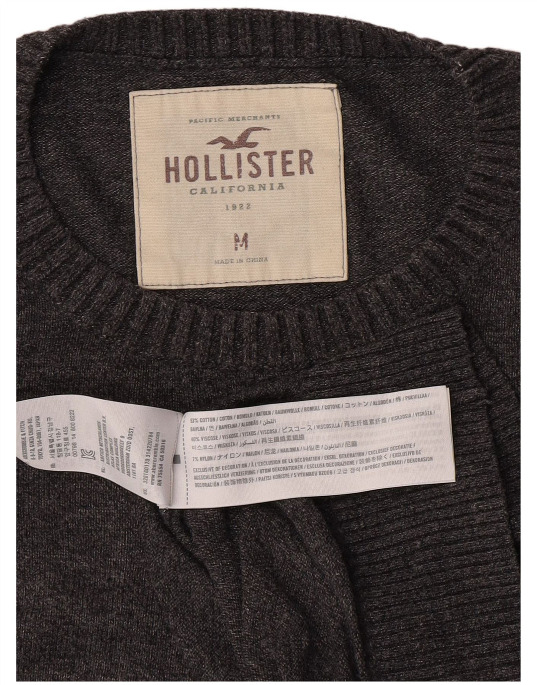 Hollister Pull Ras du Cou Homme Gris Moyen Coton