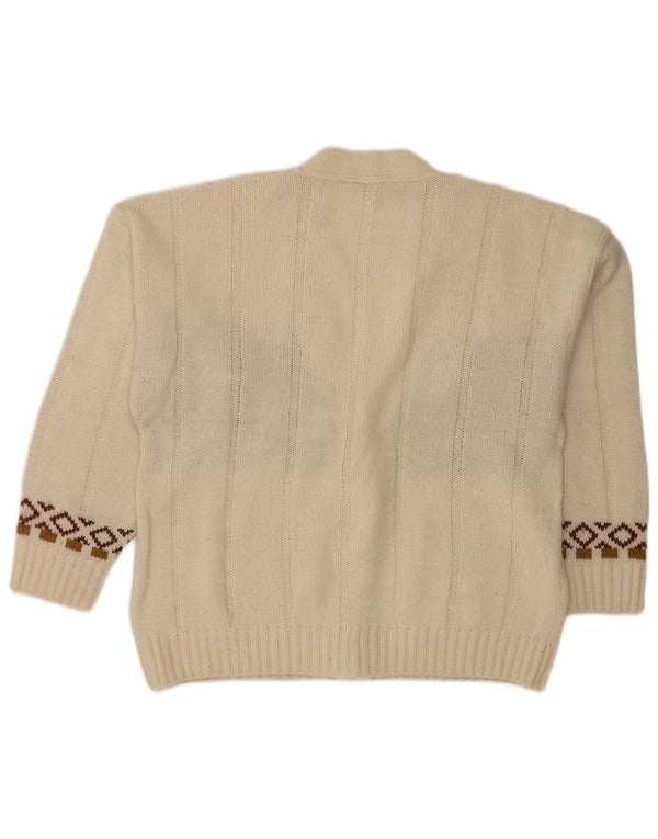 vintage Mens Cardigan Pull Moyen Blanc Fair Isle