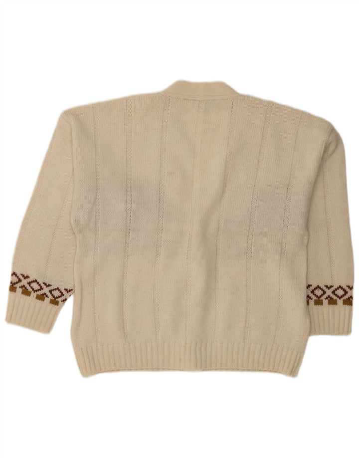 vintage Mens Cardigan Pull Moyen Blanc Fair Isle