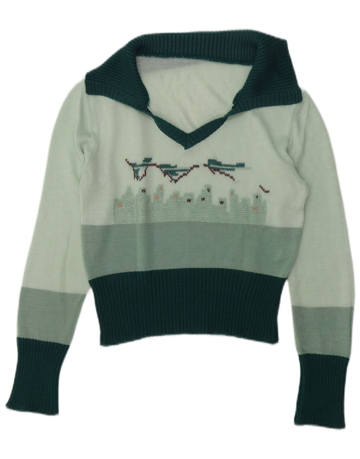 vintage Femmes Graphique Polo Neck Jumper Pull UK 14 Vert Moyen