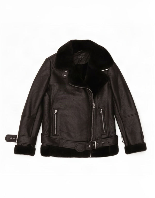 Topshop Womens Oversized Sherpa Faux Leather Biker Jacket UK 8 Small Black