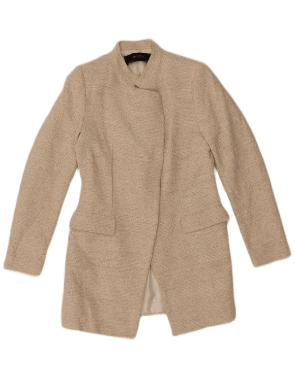 Zara Veste Blazer Ouverte Femme UK 12 Coton Chiné Beige Moyen