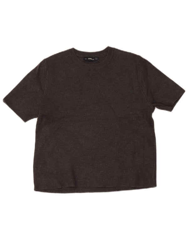 Zara Pull court à manches courtes et col bateau pour femme UK 10 Petit Gris