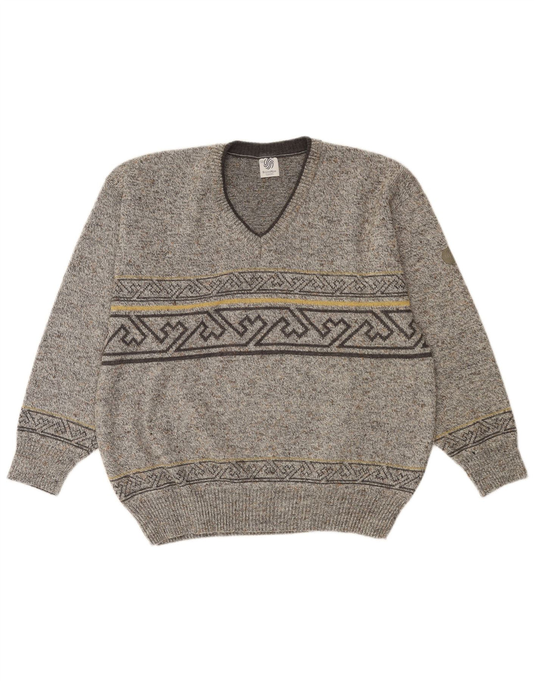 VINTAGE Homme Col V Pull Pull IT 52 Grande Laine Géométrique Grise