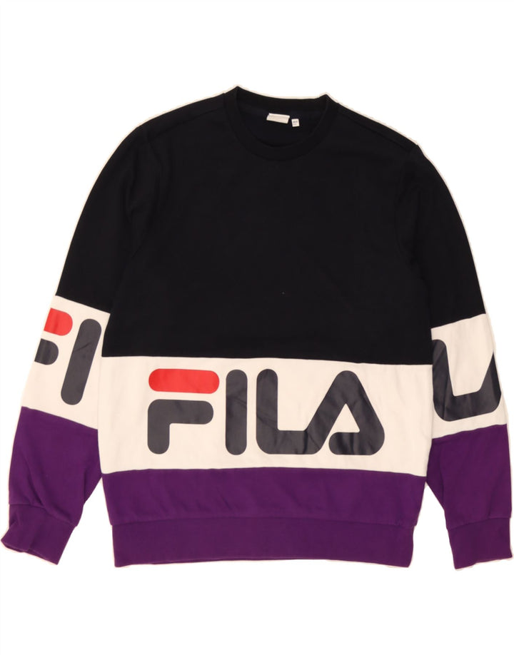 FILA Womens Regular Fit Sweatshirt Jumper UK 16 Large Black Colourblock Vintage Fila and Second-Hand Fila from Messina Hembry 