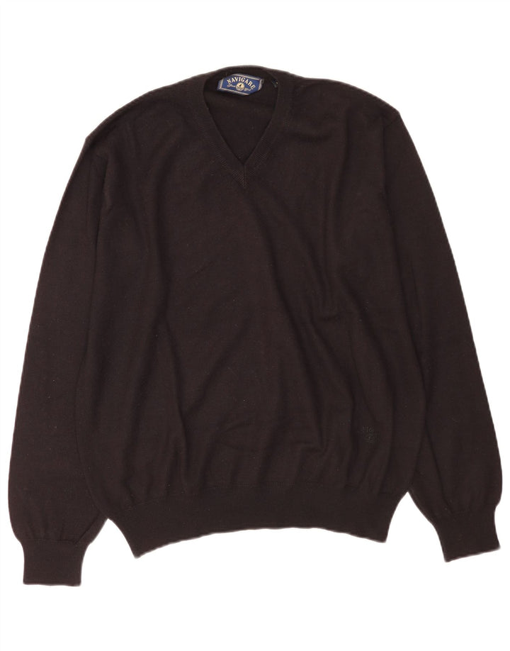 Navigare Pull col V pour homme en laine noire Taille L