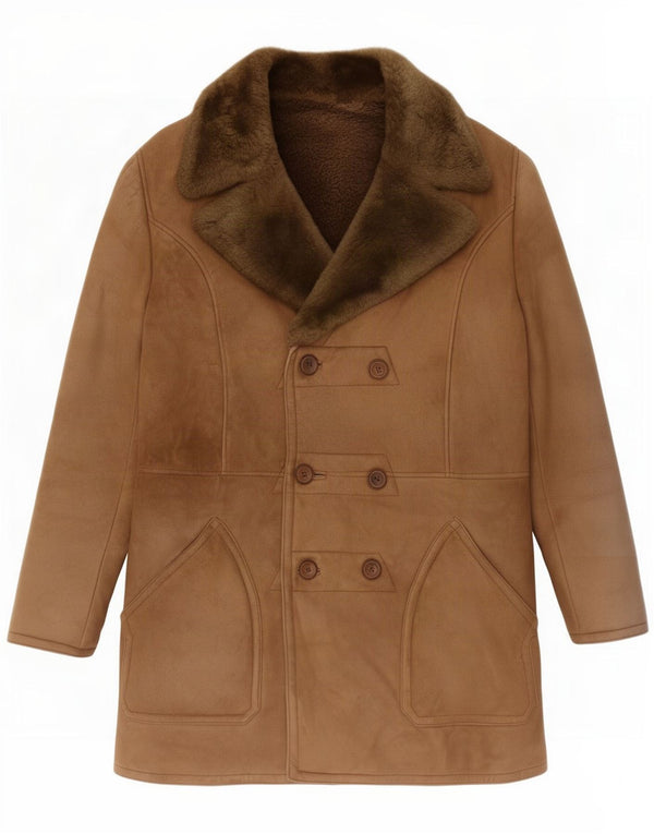 vintage Mens Shearling Double Breasted Coat UK 40 Grand Marron
