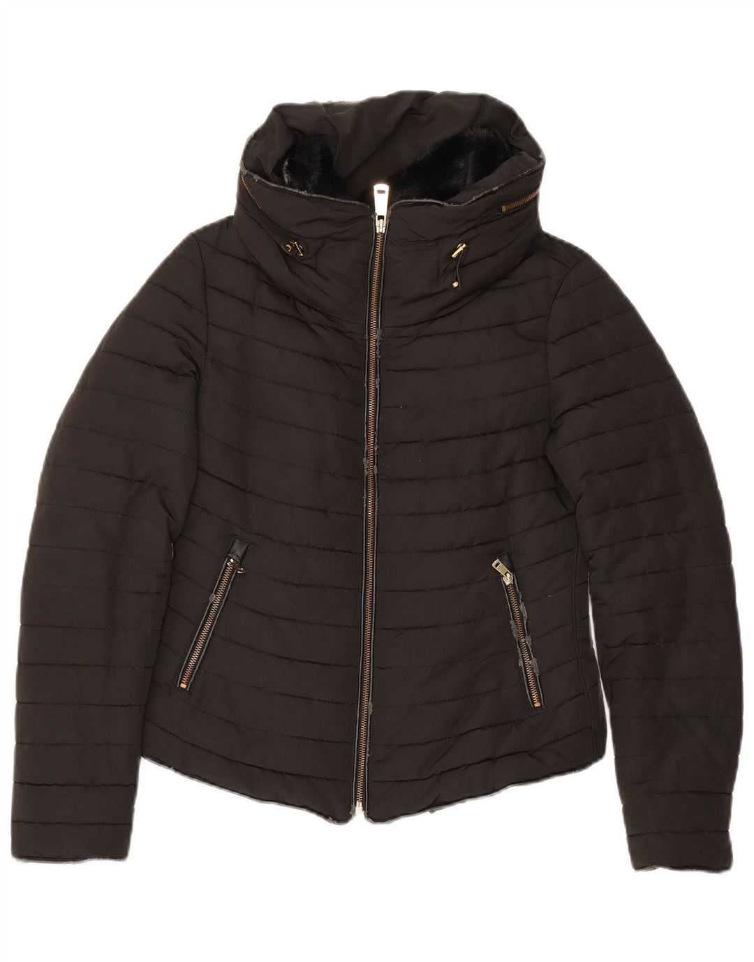 Zara Veste matelassée à capuche pour femme UK 10 Small Noir Polyester