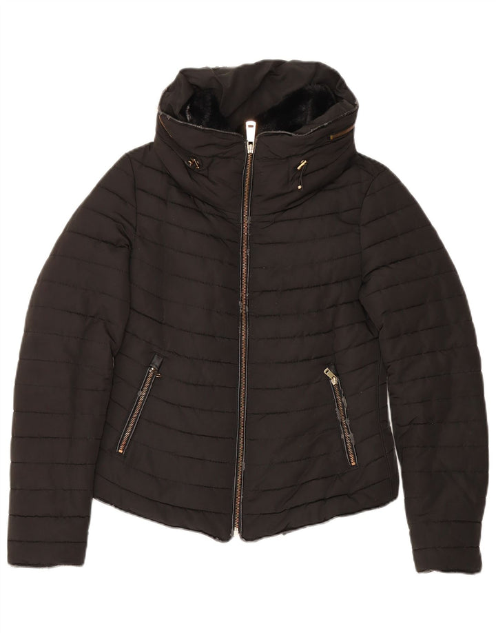 Zara Veste matelassée à capuche pour femme UK 10 Small Noir Polyester
