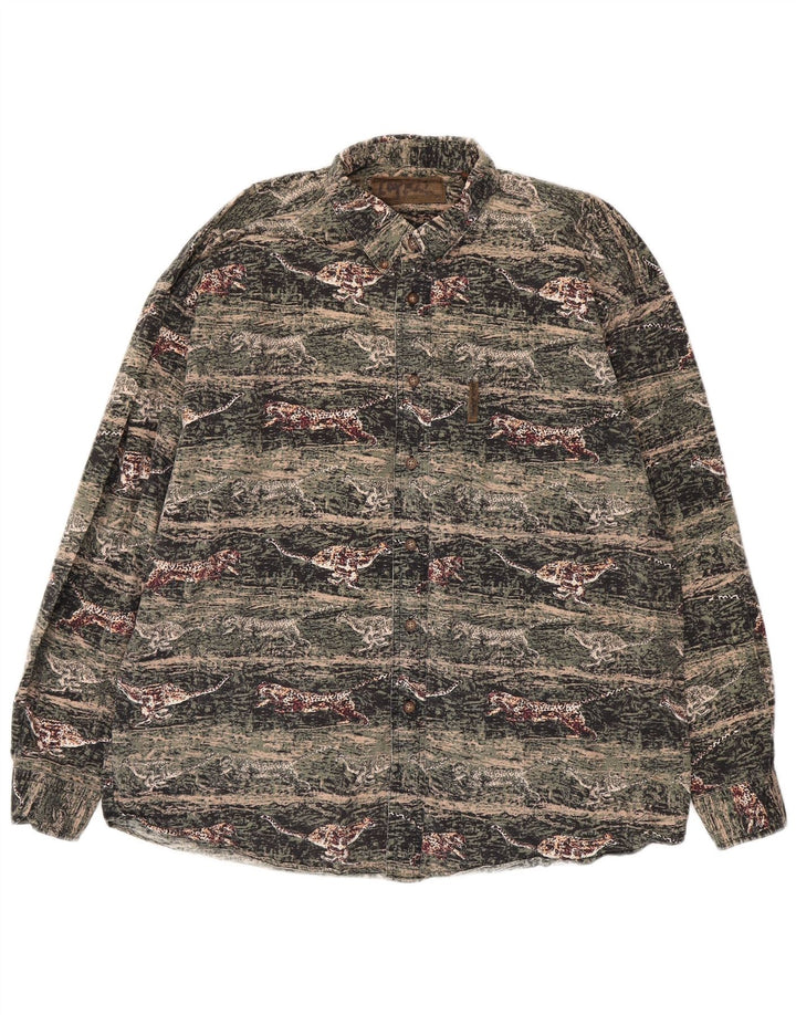 VINTAGE Chemise en flanelle pour homme Grand coton imprimé animal vert