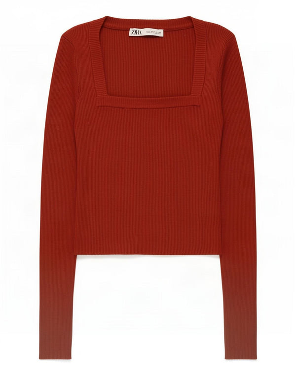 Zara Womens Crop Top Manches Longues UK 8 Small Viscose Bordeaux