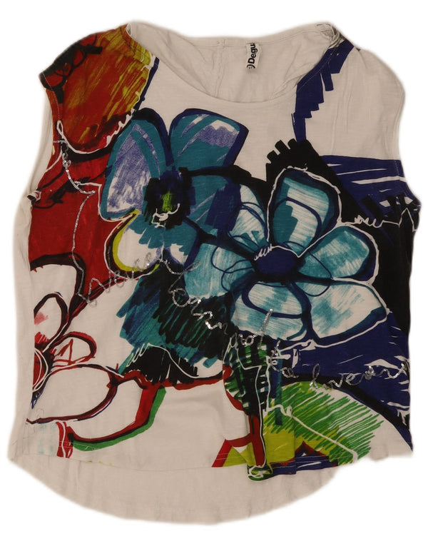 Desigual Femme Coupe Ample Débardeur Graphique UK 18 XL Blanc Floral Coton