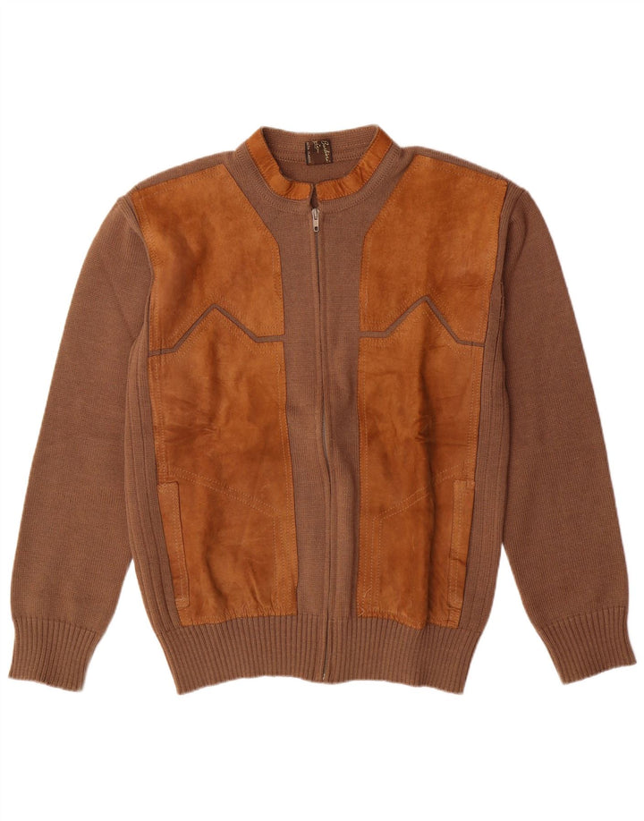 VINTAGE Homme Daim Cardigan Pull IT 52 Grande Laine Colorblock Marron