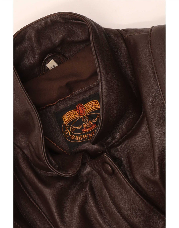 vintage Femme Loose Fit Cuir Bomber Jacket UK 14 Grand Marron