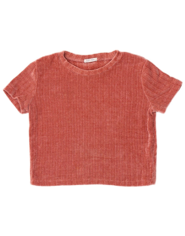 Zara Femme Trafaluc Crop Velour T-Shirt Top UK 12 Rouge Moyen Polyester