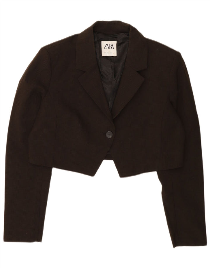 Zara Womens Crop 1 Button Blazer Jacket UK 16 Grand Marron à Carreaux Polyester