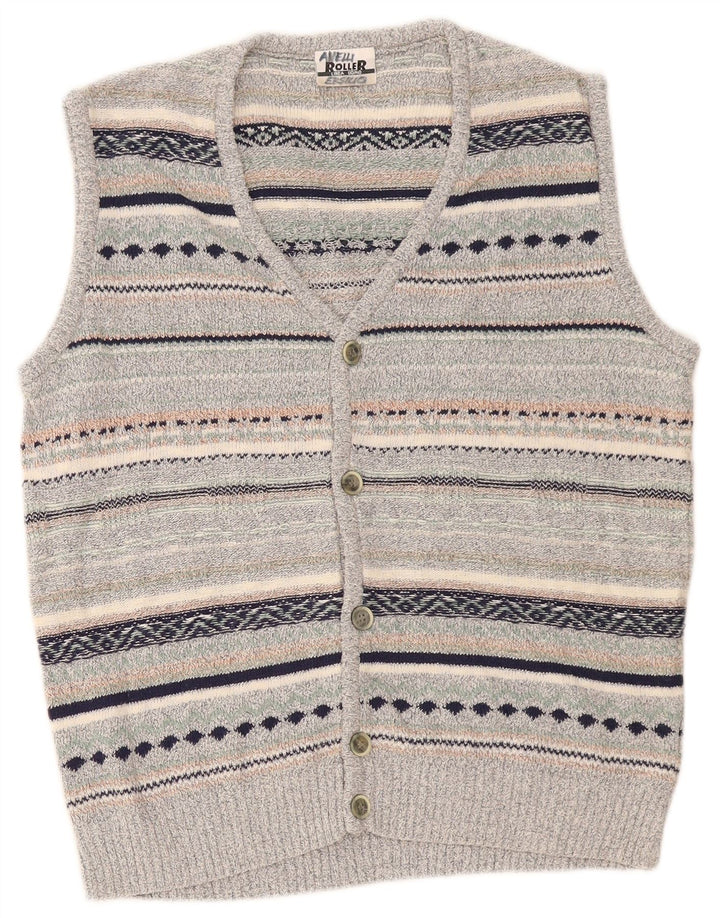 vintage Mens Cardigan sans manches Pull Moyen Gris Rayé Lin