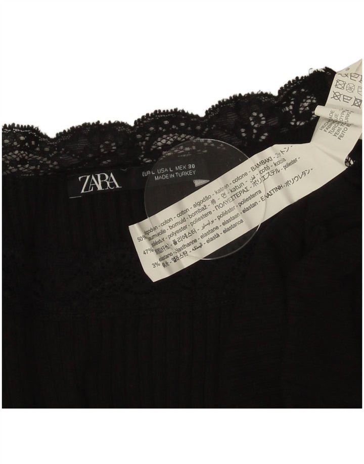 Zara Womens Crop Blouse Top UK 14 Grand Coton Noir