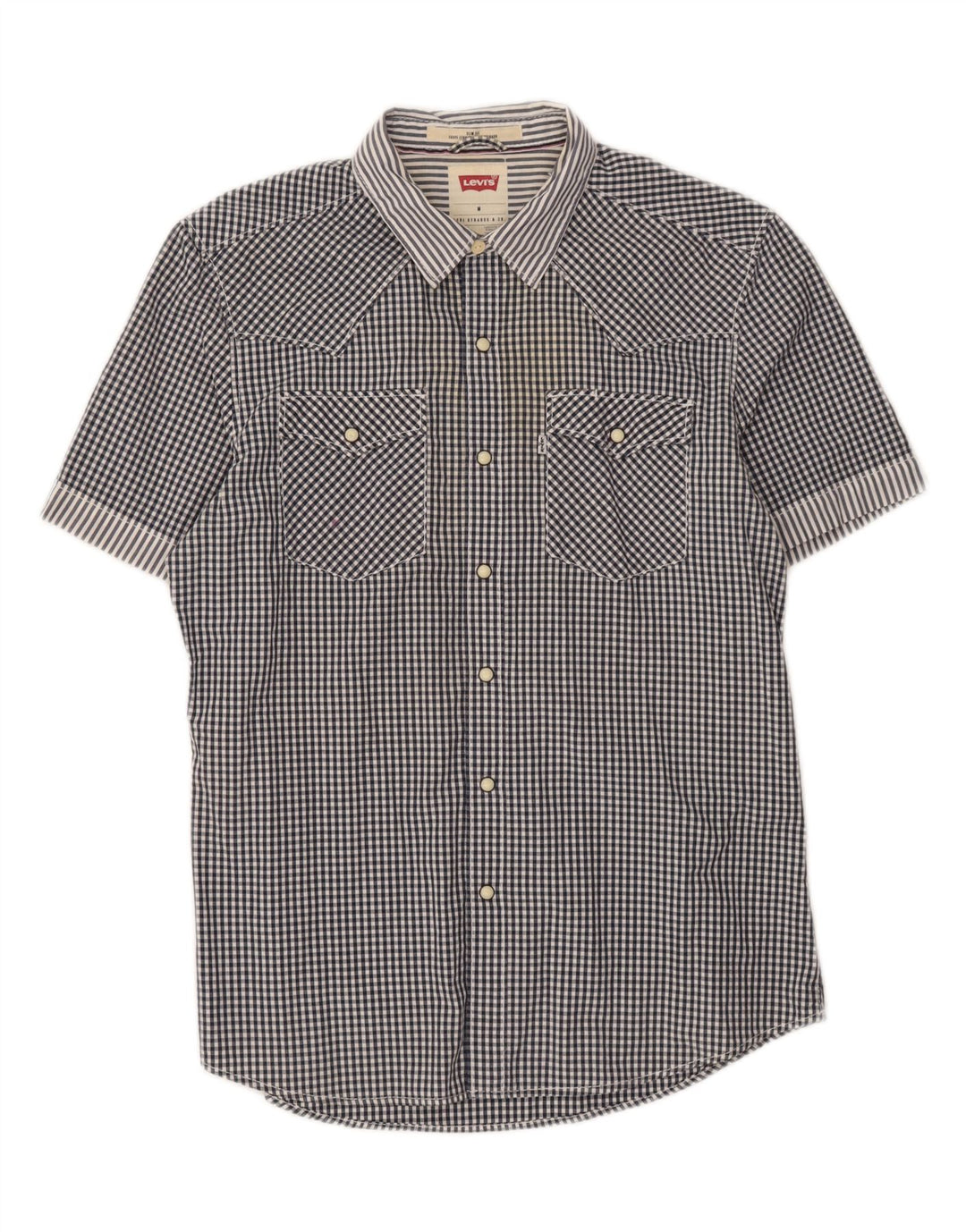 LEVI'S Mens Slim Fit Short Sleeve Shirt Medium Navy Blue Gingham Cotton Vintage Levi's and Second-Hand Levi's from Messina Hembry 