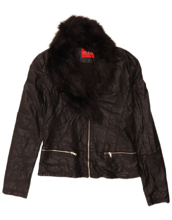 GUESS Veste de motard en simili cuir pour femme UK 6 XS Noir Polyuréthane
